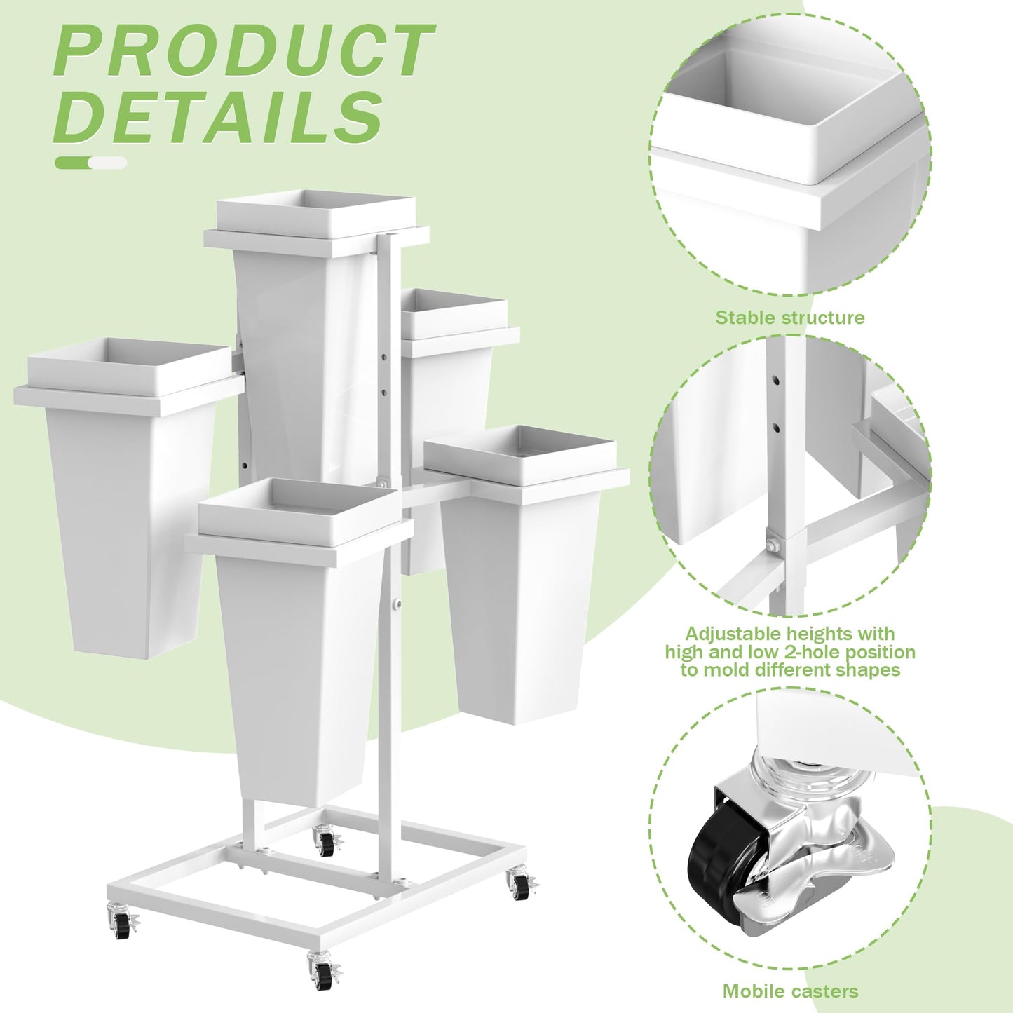 VGMiu Flower Display Stand with Buckets Wedding Flower Cart with Wheels, White Flower Pot Stand, Moving Florist Bouquet Shelf for Weddings Party Bridal Shower Event Patio Garden Living Room Decor