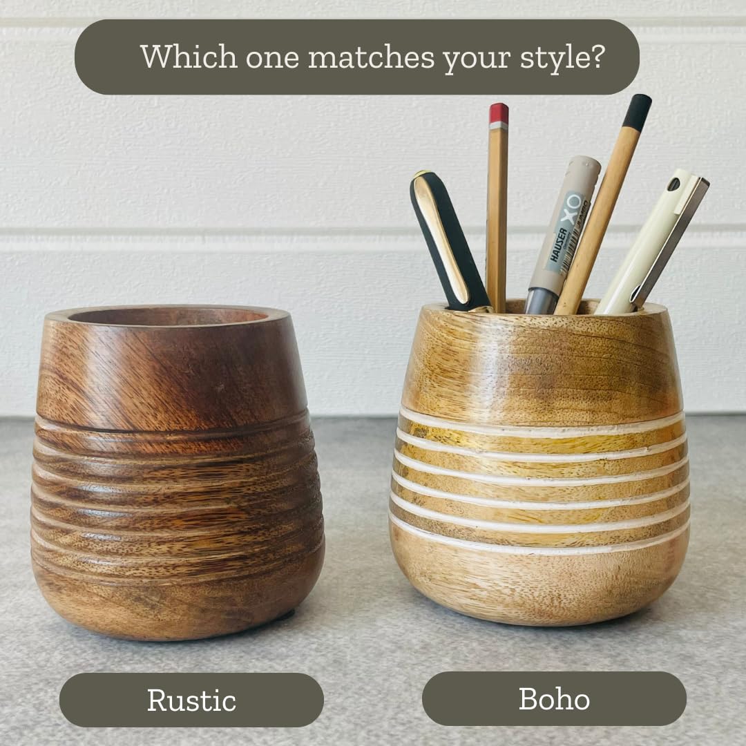 Mie Creations Wooden Pencil Cup Pen Holder for Desk Table | Farmhouse Wood Office Desktop Organizer, Paintbrush Stand, Makeup Brush Holder | Handmade Mothers Day Gifts for Mom- 4'' White Lining Design