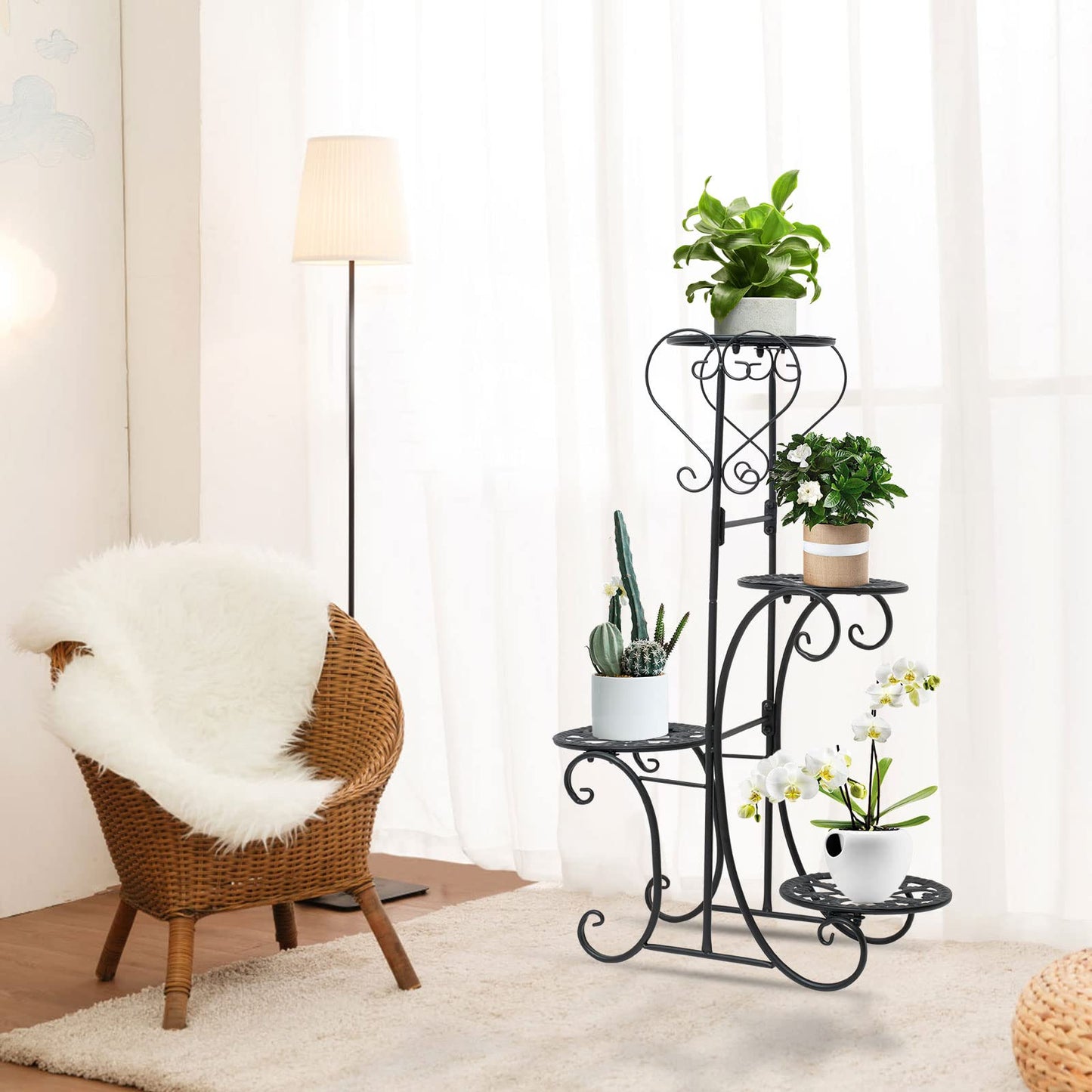 Kaichenyt Plant Stand Black Metal 4-Tier 32.3 inch Flower Display Rack Tiered Corner Flower Display Holder Indoor Outdoor Elegant Flower Pot Holder for Patio Balcony Garden Home Decorative