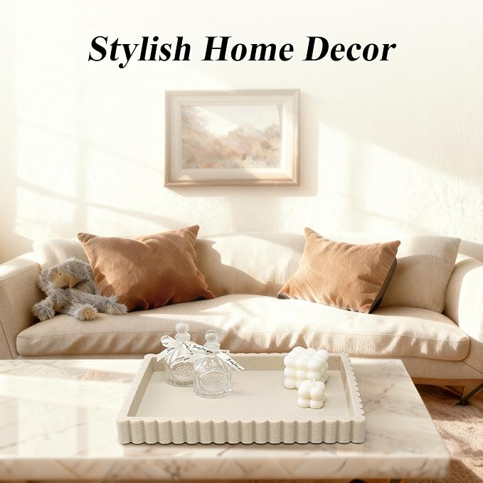 YMXYJM-Scalloped Coffee Table Tray，Ottoman Tray for Modern Home Decor. 14" Decorative Tray for Entryway Table Decor, Living Room Table Decor, Coffee Table Centerpiece - Beige Resin