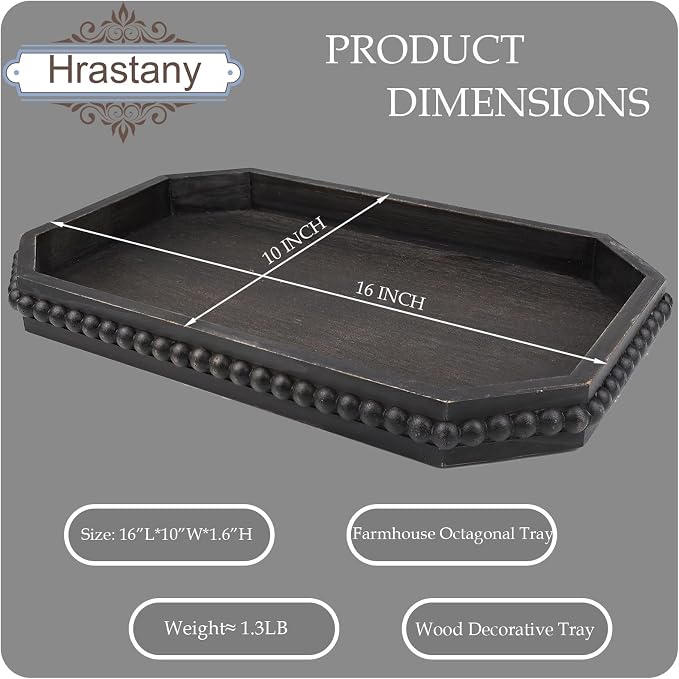 Hrastany Wood Rustic Serving Tray with Beads, Farmhouse Vintage Black Decorative Tray for Table Centerpiece, Christmas Wedding Halloween Home Decor