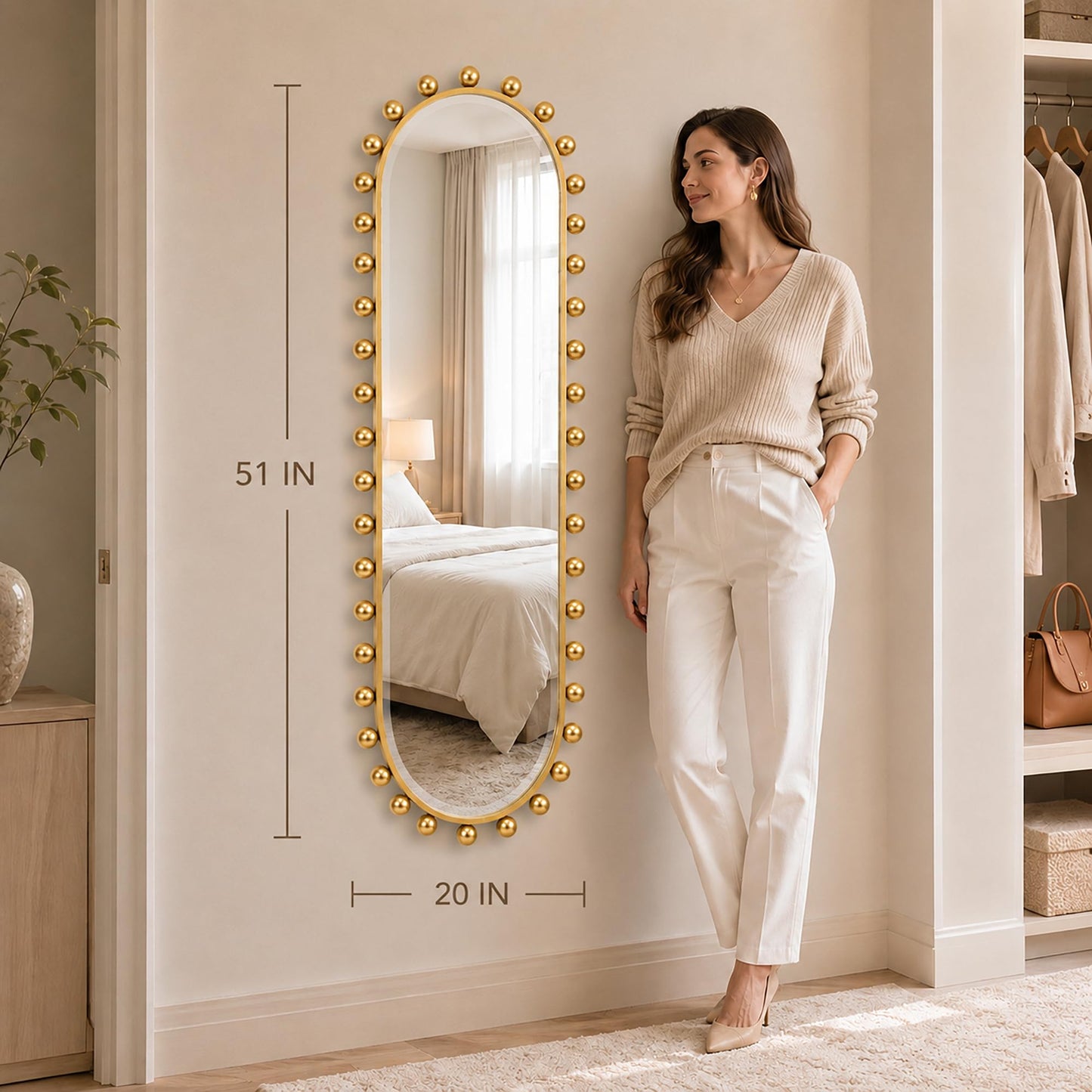 CAVINHOME Oval Full-Length Wall Mounted Mirror 20" x 51", Antique Gold Beaded Beveled Mirror with Ball Frame, Vertical & Horizontal Hanging Wall Mirror for Bathroom, Bedroom, Dressing Room, Entryway