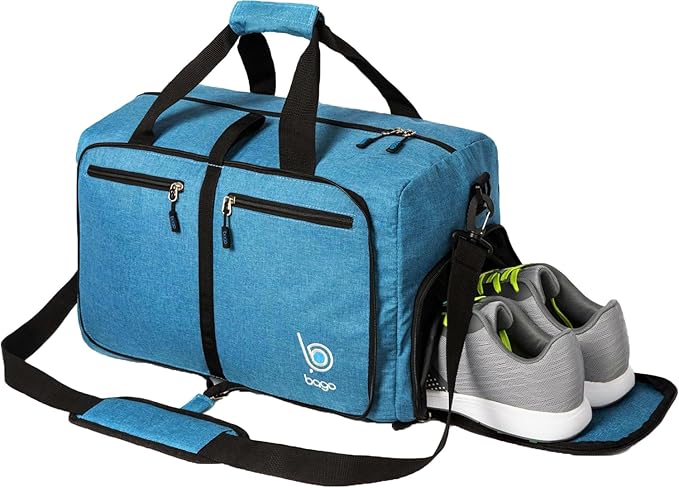 Bago Foldable Duffel Bags for Traveling Women & Men - 60L Medium Packable Duffle Bag for Travel with Shoe Compartment - Water Repellant, Heavy Duty, Lightweight Folding & Collapsible (SnowBlue)