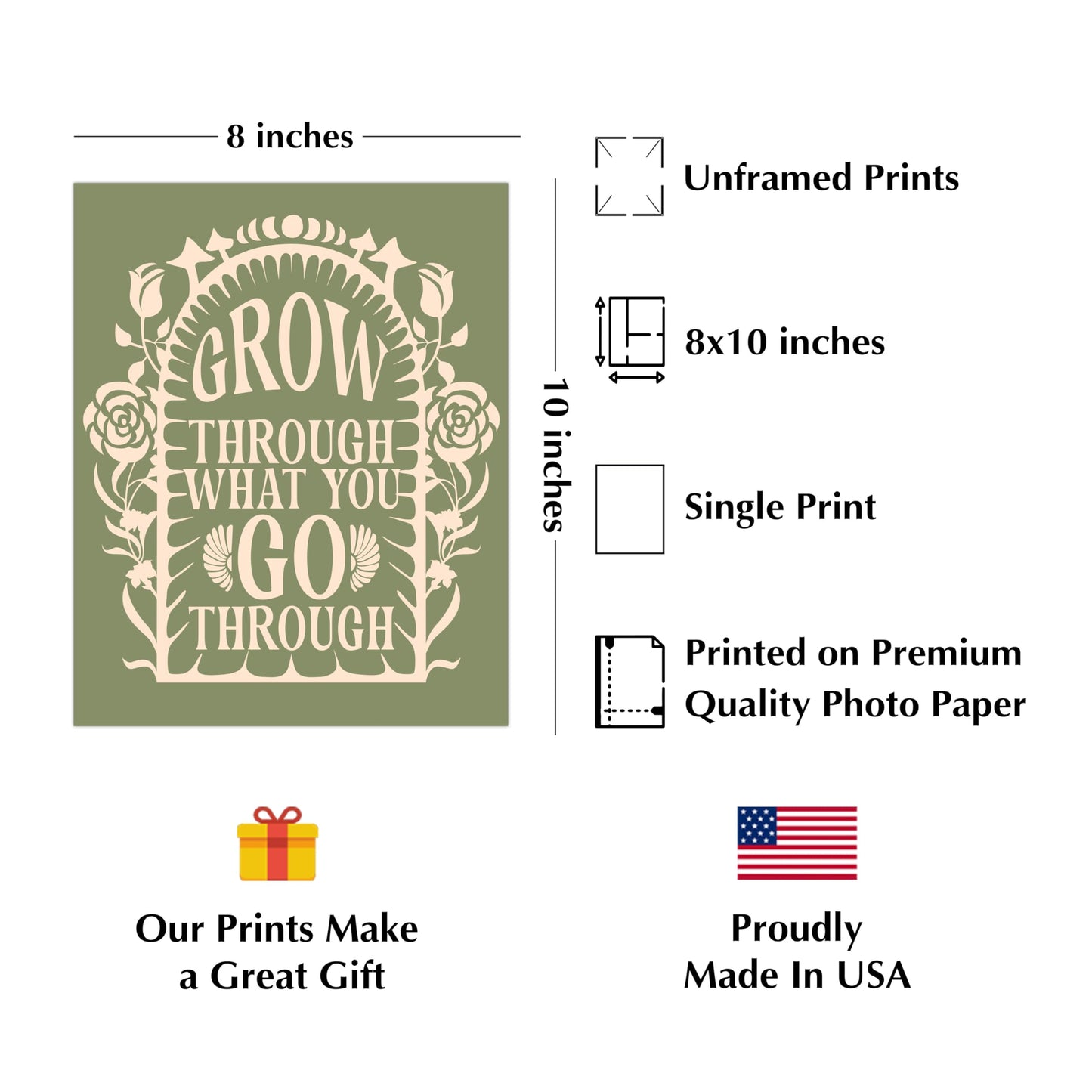 AMERICAN LUXURY GIFTS Grow Through What You Go Through - Inspirational Motivational Typography Wall Art - Home Office Gym Living Room Decor - 8x10 Unframed Print
