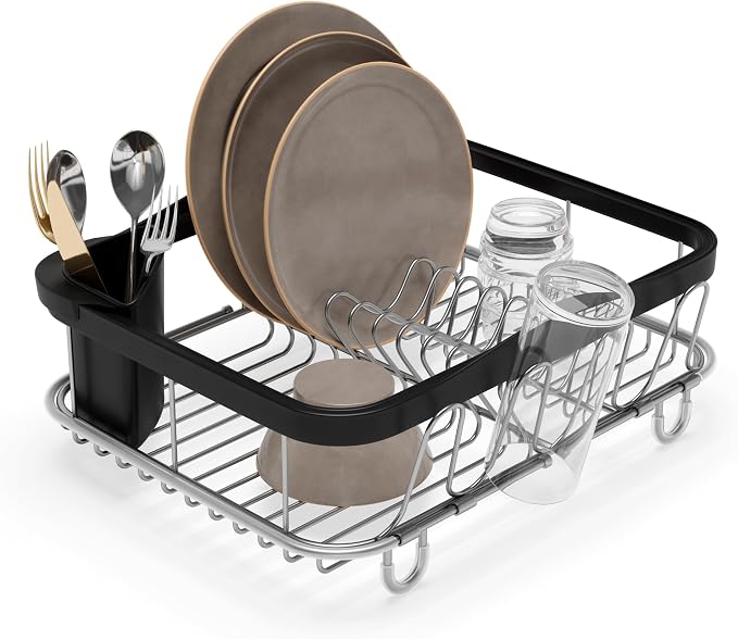 Umbra Sinkin Dish Drying Rack – Drainer with Cup Holders and Removable Cutlery Caddy – Use Over Sink, in Sink, or On Counter, Deluxe, Black/Nickel