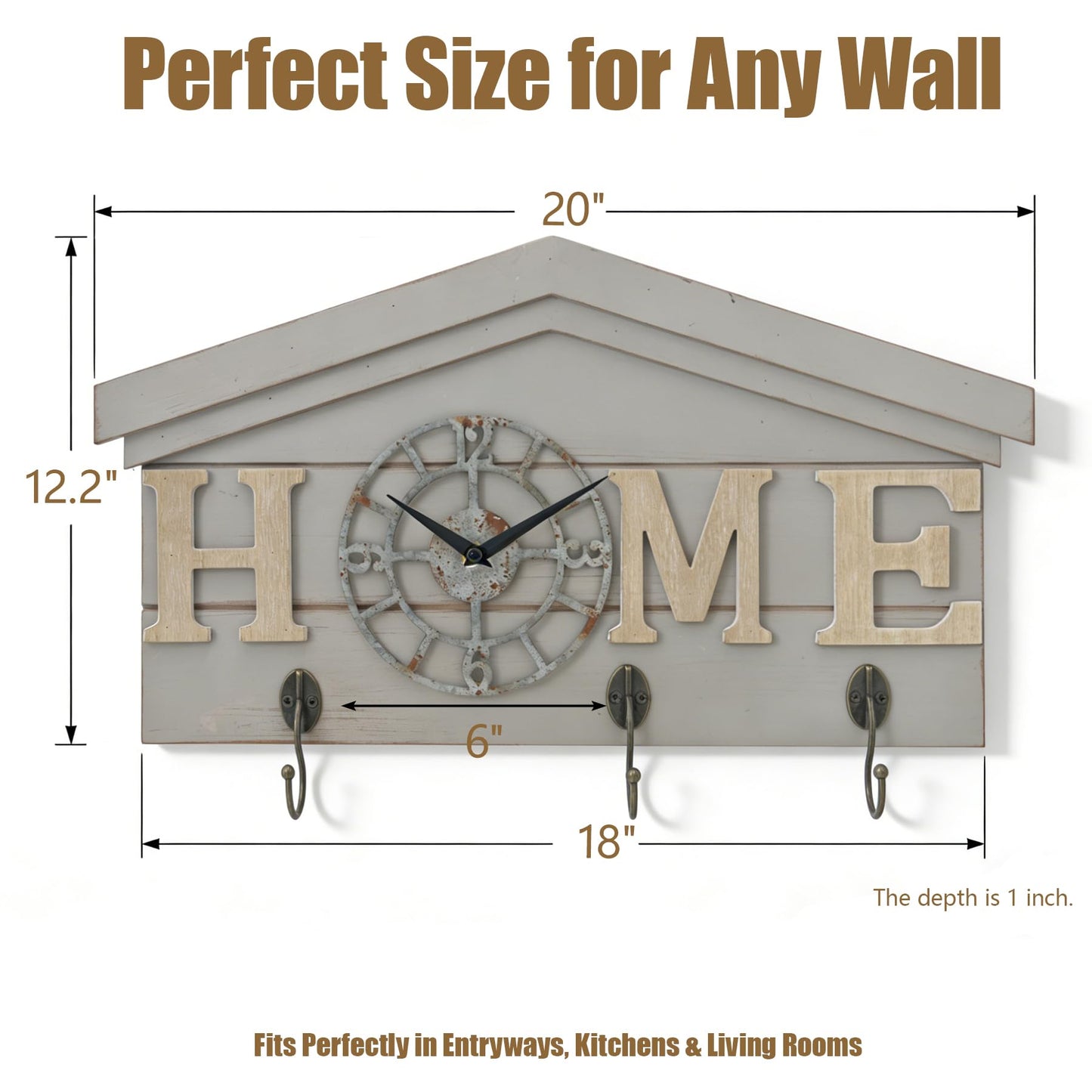 Farmhouse Battery Operated Wall Clock with Hooks Rustic Wooden Entryway Organizer with 3 Metal Hooks Key Hanger HOME letters Silent Quartz Clock Key Holder Wall Decor for Entryway Kitchen, Living Room