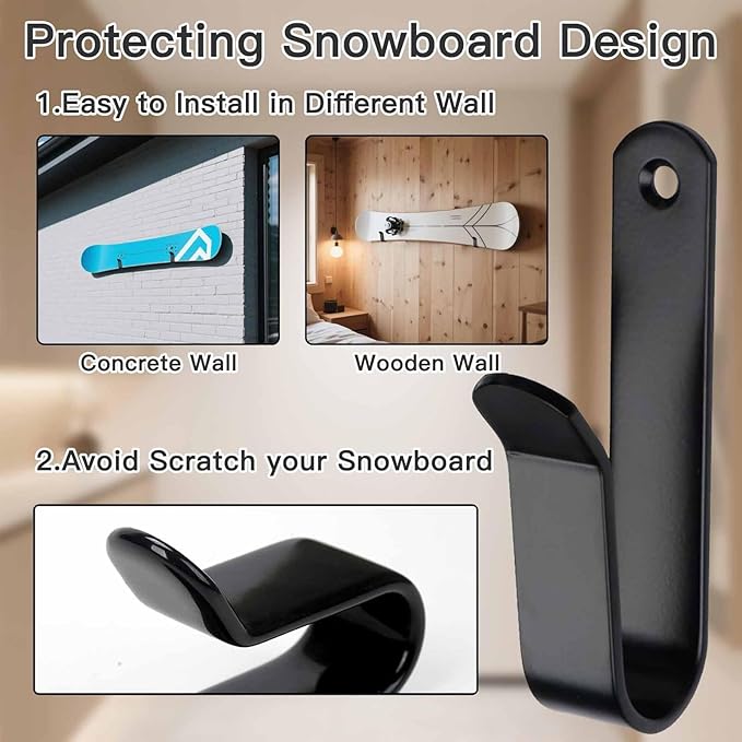 Snowboard Wall Mount & Skateboard Display Rack - Horizontal Hanger Clips for Snowboards, Longboards, Skateboards - Space Saving Storage Solution for Garage, Bedroom, Living Room (Black, 2 PCS)