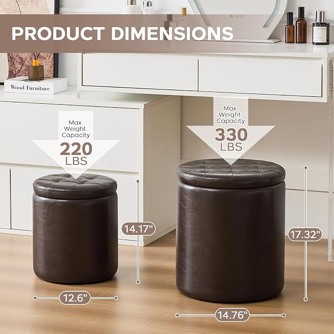 oakvivo Round Set of 2 14.76" L x 14.76" W x 17.32" H Faux Leather Ottoman with Storage, Small Foot Rest Storage Ottomen with Lid Living Room, Bedroom Vanity Stool Chair, Coffee