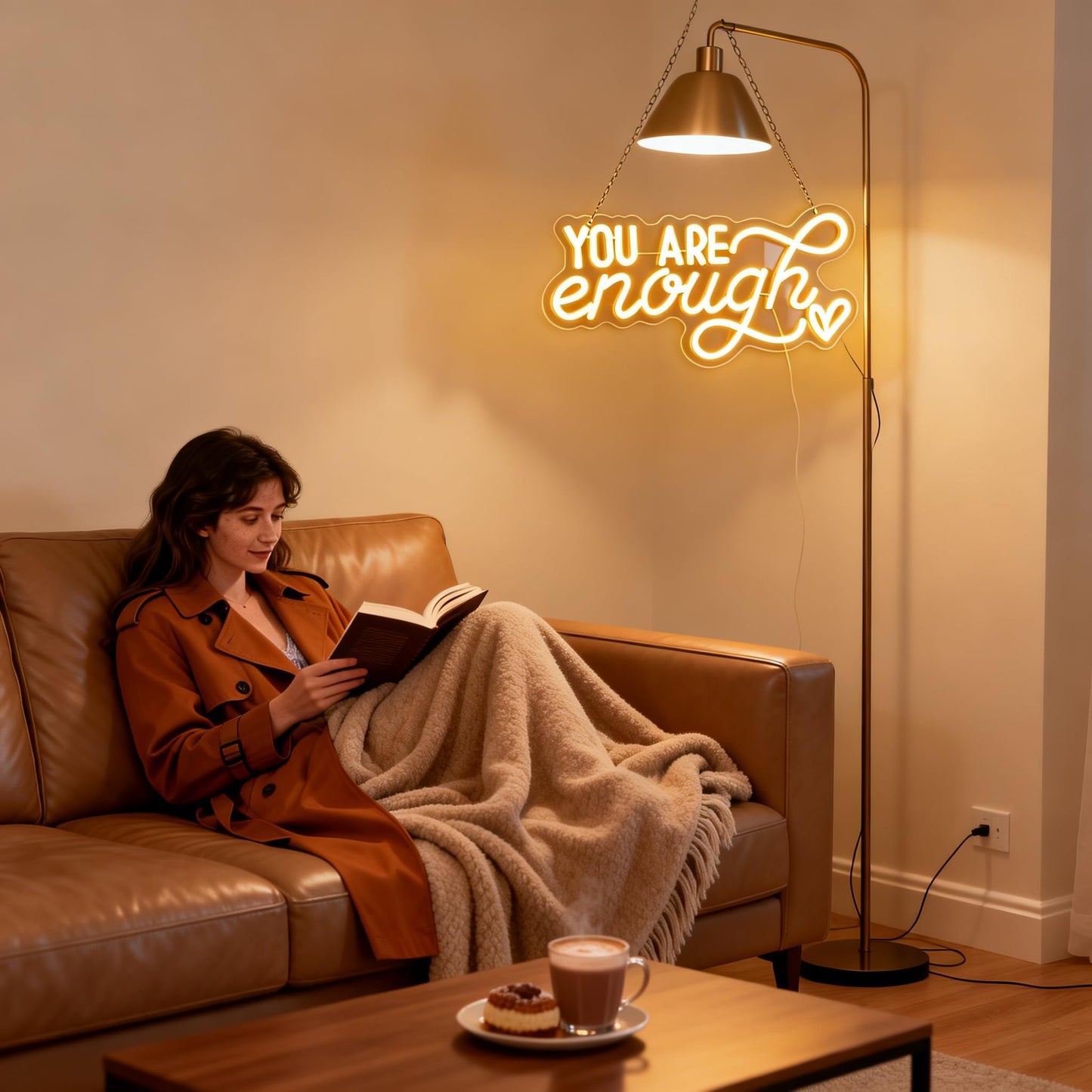 You Are Enough Neon Sign, Self Love Neon Light with Floral Decor, Motivational Wall Art for Bedroom, Therapy Office Decor, Mental Health Awareness Gift, USB Dimmable (16.5"x8.3")