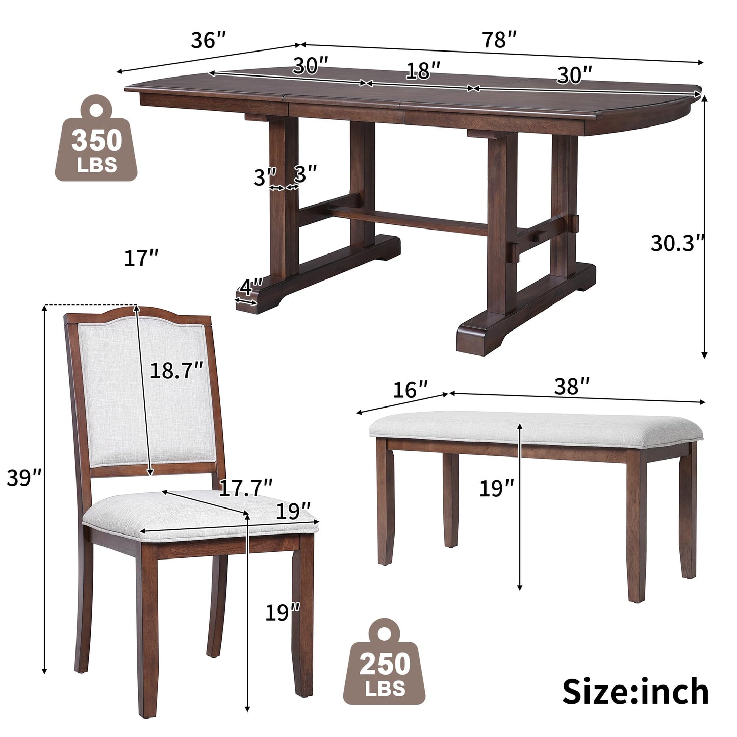 Merax 6-Piece Extendable Wood Dining Table Set, 60 inch to 78 inch with Removable Leaf, Kitchen Set for 6 with 4 Upholstered Side Chair and Bench, Cherry