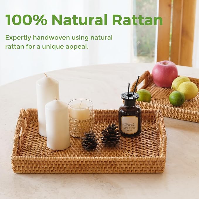 Rattan Serving Tray with Handles, Natural Woven Wicker Tray, Rattan Serving Rectangle Wicker Trays for Decor Coffee Table Breakfast (14.5" × 10")