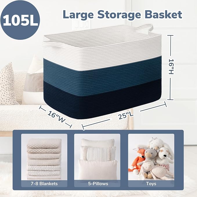 Goodpick 105L Extra Large Woven Basket 25" x 16" x 16" Cotton Rope Storage Baskets for Organizing, Rectangle Blanket Basket Living Room, Toy Storage Baskets for Kids, Blue