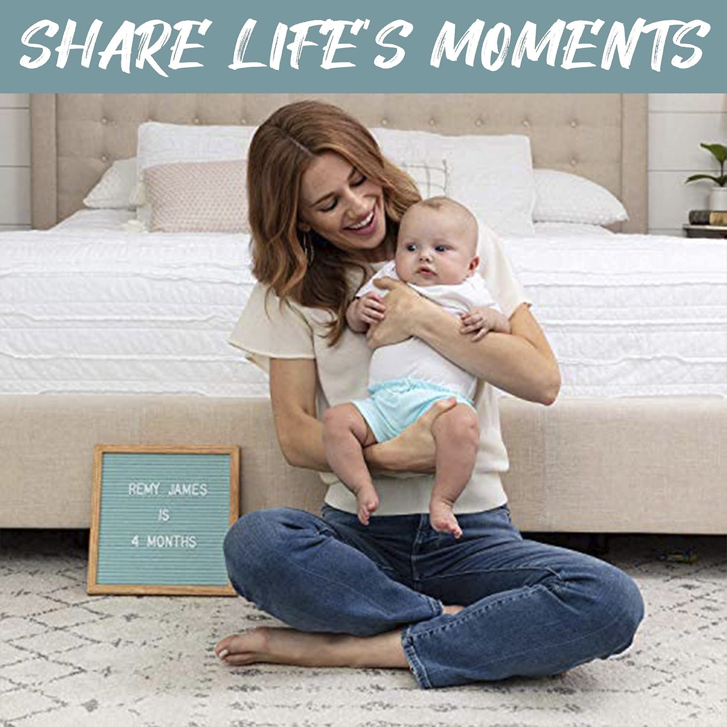 Felt Letter Board, 10x10in Changeable Letter Board with Letters White 300 Piece - Felt Message Board, Oak Frame Wooden Letter Board for Baby Announcements, Milestones, Office Decor & More (Seafoam Green)
