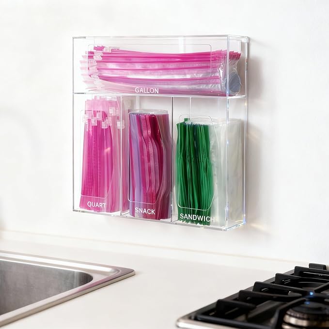 SEANADO Acrylic Zip Bag Storage Organizer, Bamboo Baggie Organizer Dispenser for Kitchen Drawer and Wall Mount，Compatible with Gallon, Quart, Sandwich & Snack Variety Size Bag(Clear)