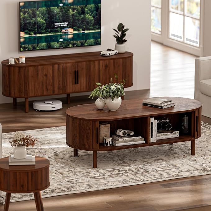 ZttRiee Coffee Table for Living Room, Modern Oval Coffee Table with Cabinets & Sliding Doors, Home Small Space, 47.2" Fluted Center Table, Walnut