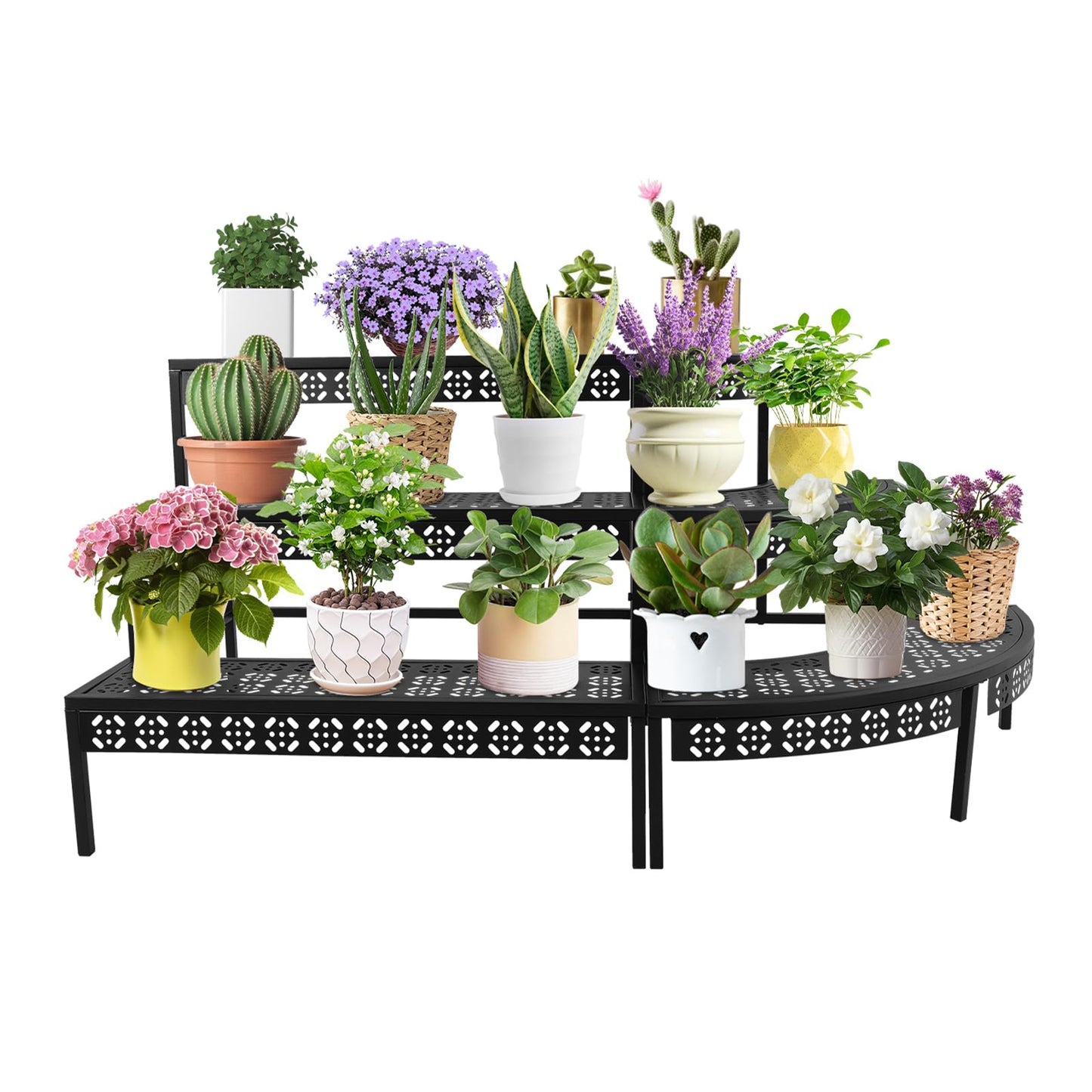 BAIODNB 3 Tier Plant Stand Semi-Circular Flower Pot Organizer Rack, Quarter Round Plant Display Holder Outdoor Storage Shelves, Metal Corner Shelf Planter Shelving Ladder Plant Stand for Indoor Use