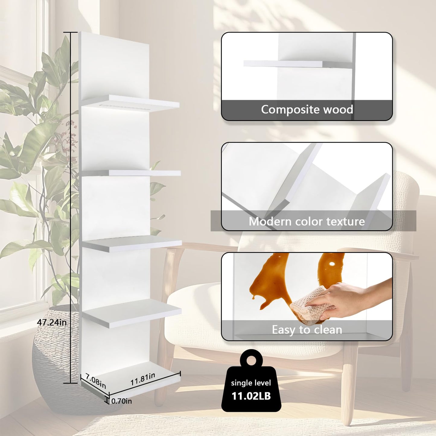 AskTag 5 Tier Wall Shelf Unit, White Shelves,Lack Shelf, Wall Shelves for Bedroom，Office,Bathroom, Vanity Shelves with LED Light