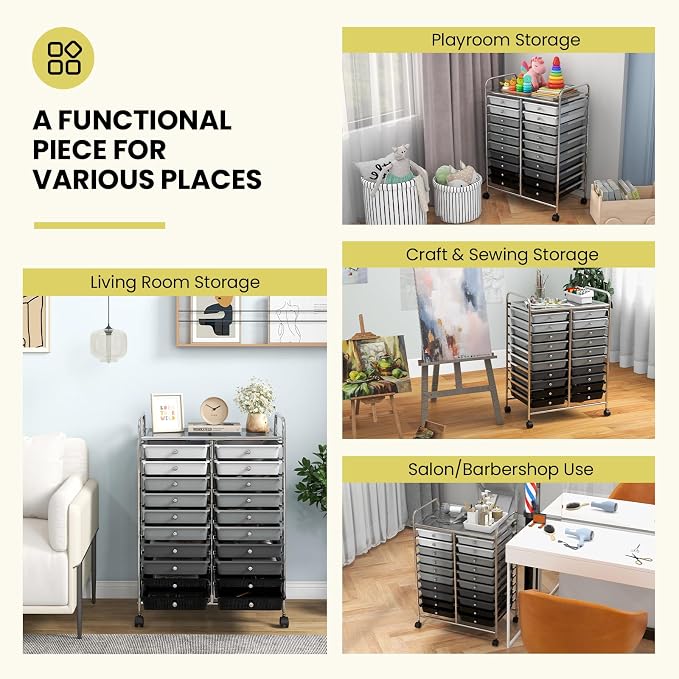 Giantex 20 Drawers Rolling Cart, Mobile Storage Drawer Cart, Classroom Organizer Cart for Office School Supplies Teacher Tools Paper Craft Small Printer, Utility Cart on Wheels, Gradient Grey