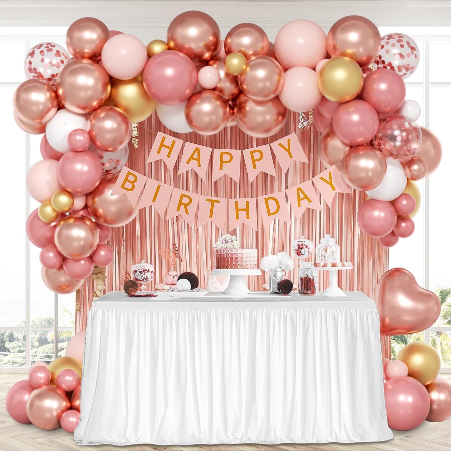 Rose Gold Birthday Decorations with Metallic Pearl Rose Gold Confetti Light Pink White Foil Balloons Fringe Curtain Banner Happy Birthday Decorations for Women