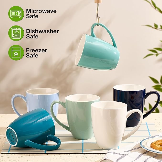 Porcelain Coffee Mugs Set of 6, 13 Ounce Coffee Cups with Handle, Ceramic Tea Mugs for Latte, Hot Tea, Cappuccino, Mocha, Cocoa, Blue Assorted Colors Mug Gift Set, Dishwasher and Microwave Safe