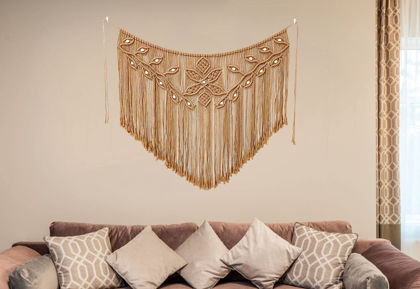 Youngeast Home Decor Leaf Shape Macrame Wall Hanging Woven Tapestry Bedroom Curtain Fringe Garland Banner Living Room Wall Decor Brown 39X31 inches