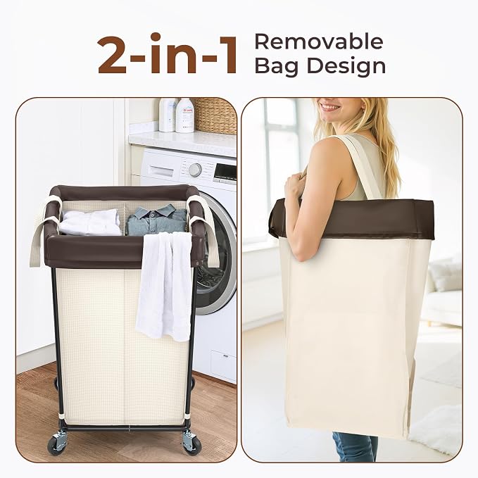 160L Rolling Laundry Basket with Wheels, 2-Section Rolling Laundry Hamper with Wheels, Double Laundry Hampers Cart on Wheels for Clothing Organizer, Hotel, Bedroom, Bathroom and Dorm, Beige
