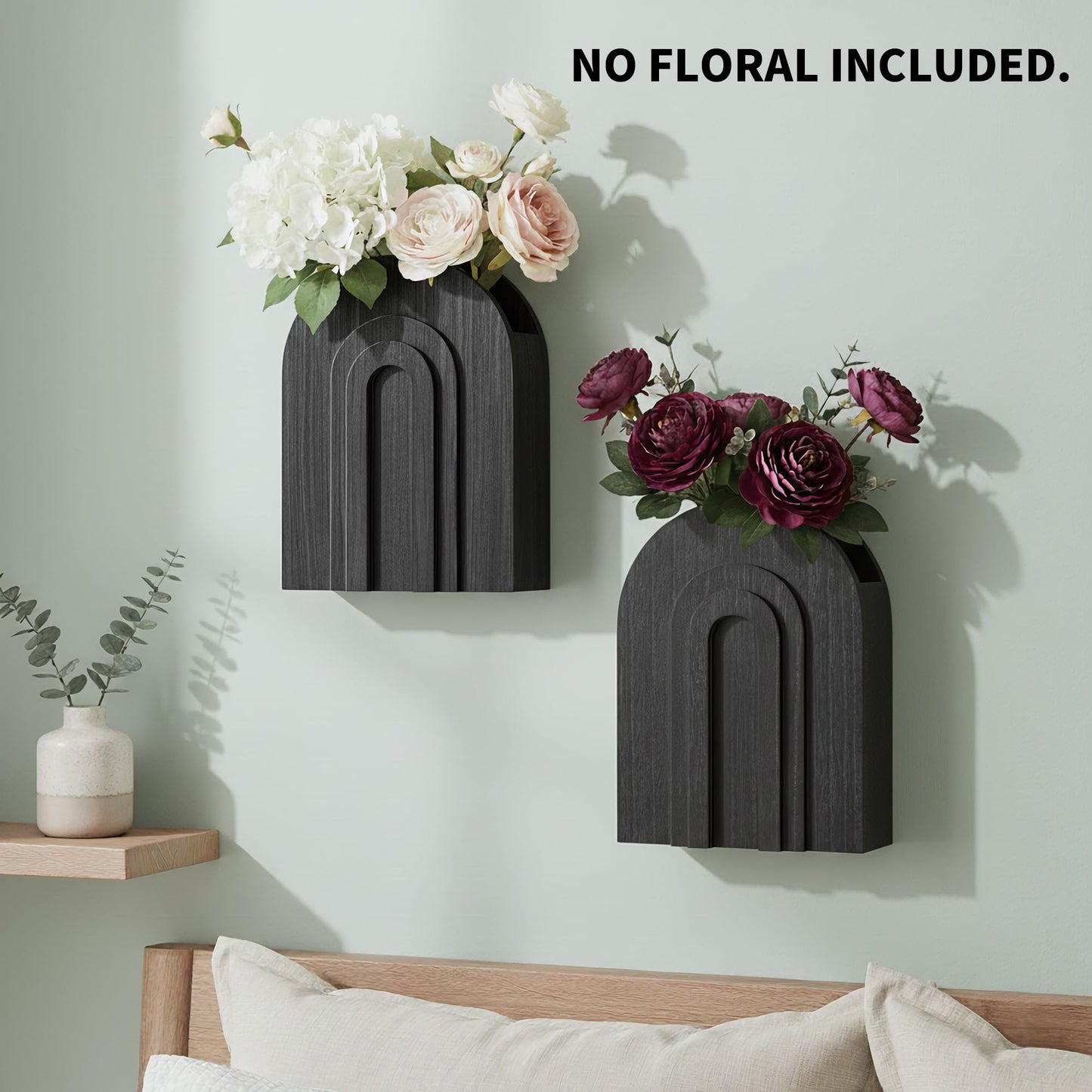 2 Pack Black Wooden Wall Vase for Pampas Grass & Dried Flowers, Modern Minimalist Decor for Living Room Bedroom, Hanging Wall Plant