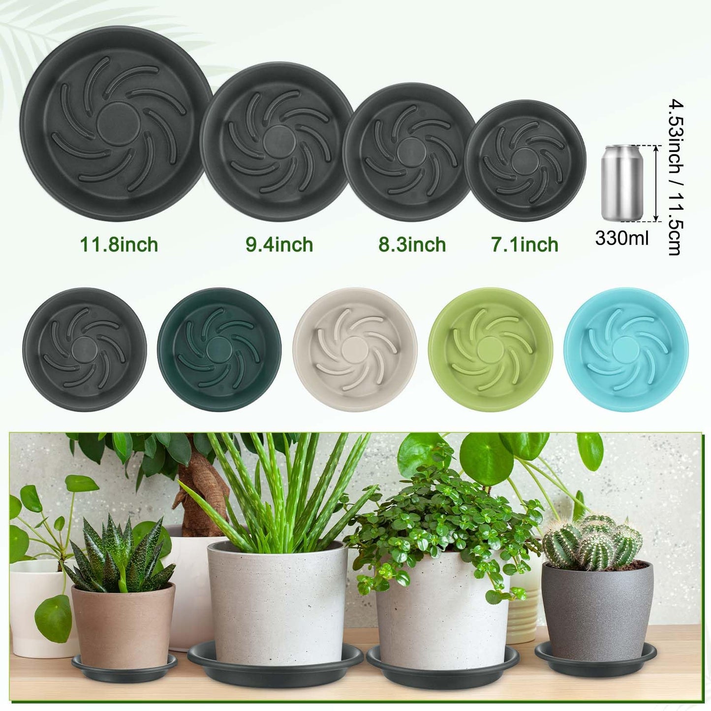 M METERXITY 2-Pack Plant Saucers, 6.3 Inch ID Anti-Rot Root Resin Flower Pot Plant Saucers for Indoor/Outdoor, Flowerpot Drip Tray [8.3 Inch OD, Gray Black]