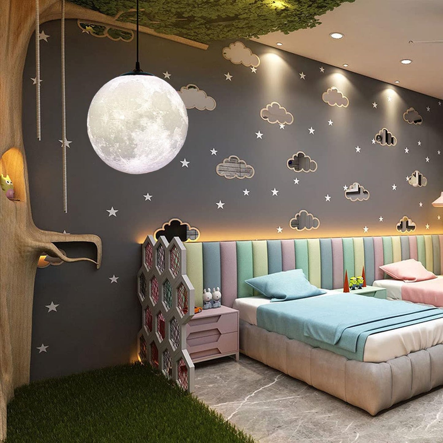 HFUGUD Modern Led Moon Pendant Lights Fixture,Light Up Globe Night Light,3D Printed Galaxy Moon Lamp for Kids and Adults Bedroom Childrens Room Etc Ceiling Light Decor Gift (LED Bulb Included)