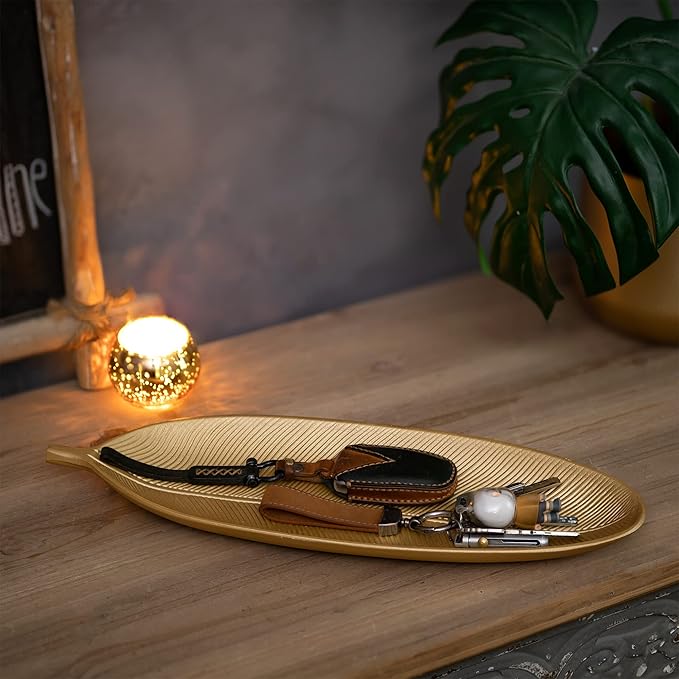 Hanobe Decorative Bowls for Home Decor: Leaf Shaped Wood Key Tray Entryway Decor Leaves Bowl for Fireplace Mantel, Gold