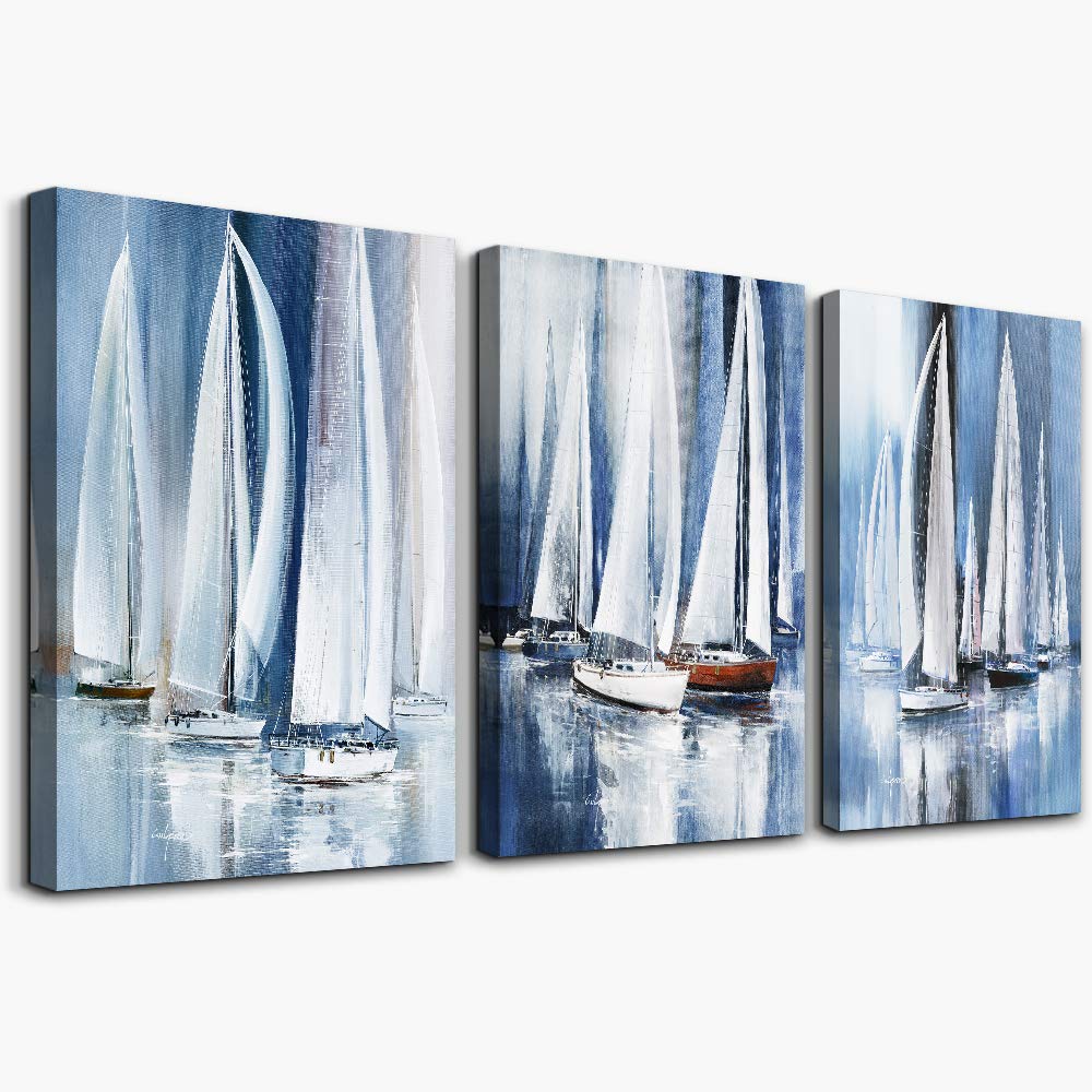 3 Piece Framed Canvas Wall Art For Living Room Bathroom Bedroom Wall Art Decor Ocean Landscape Sailboat Abstract Canvas Painting Ready To Hang Office Home Decoration Sea Poster Pictures Wall Artworks