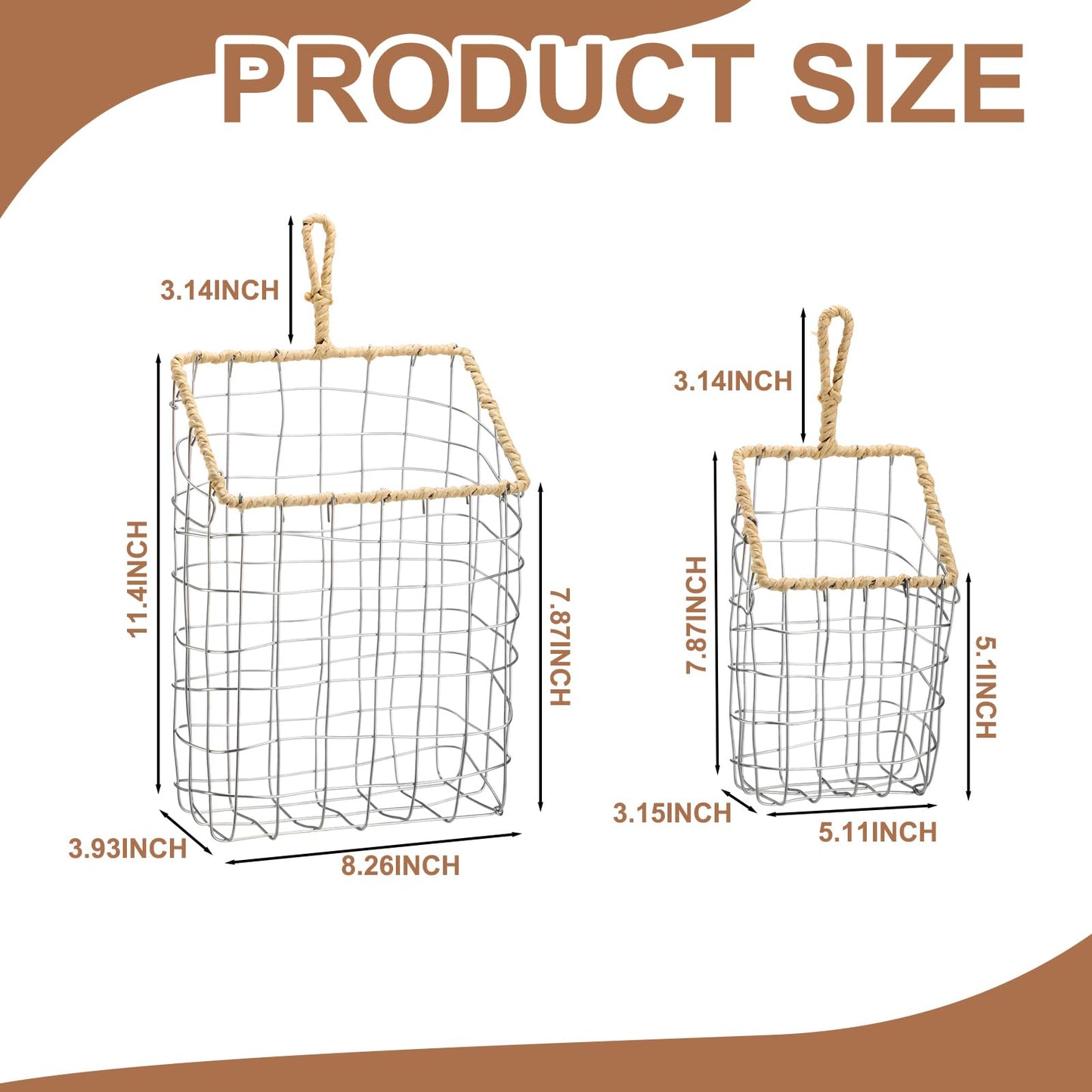 DoubleFill 2 Pcs Hanging Storage Baskets Iron Wire Handwoven Wall Baskets with Wicker Hook Rustic Wall Mounted Organizer for Organizing Mail Files Accessories Kitchen Bathroom Pantry Farmhouse Decor