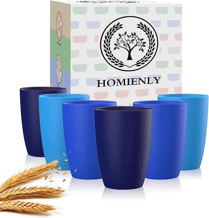 Homienly Cup Sets for Kitchen 12oz Wheat Straw Cups Unbreakable Drinking Cups Set of 6 - Lightweight,Reusable Cups for Kitchen, Outdoor- Blue Sky