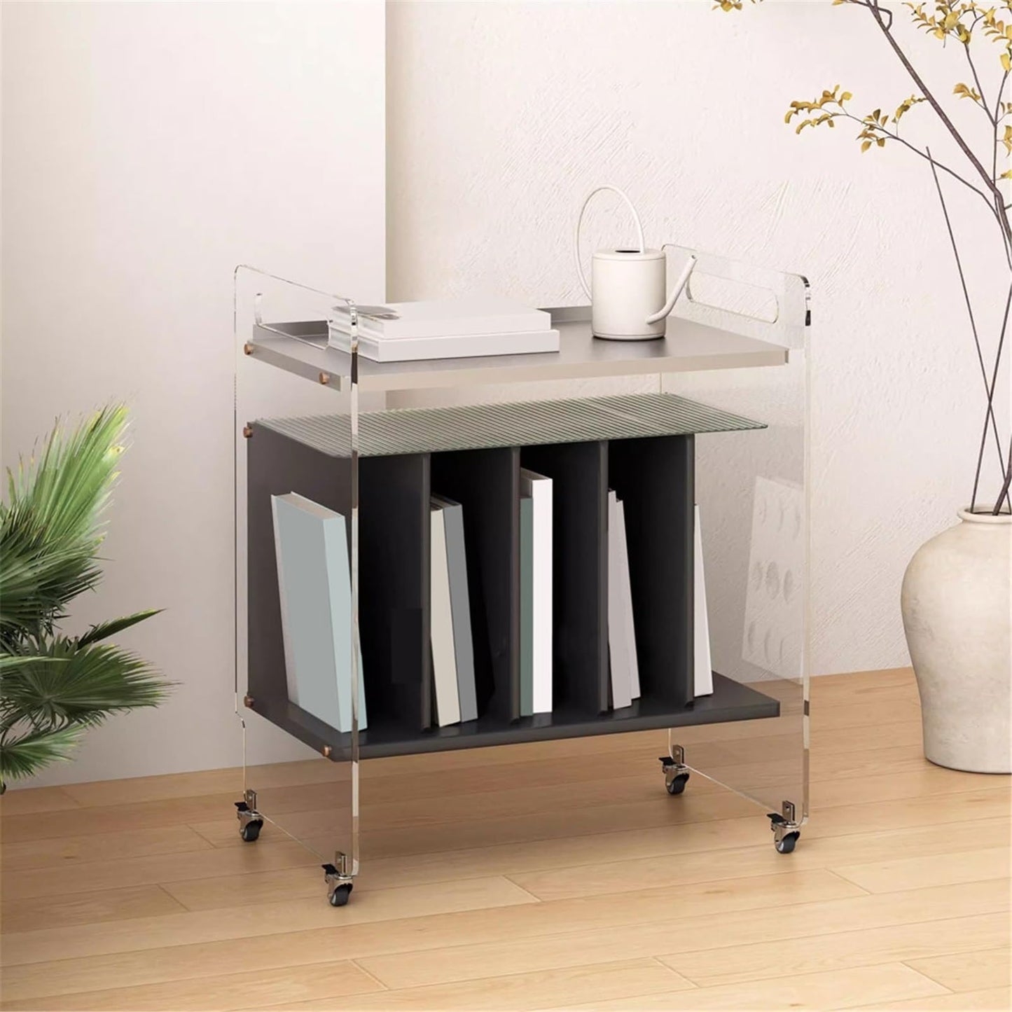 uP9sF2mD DVD Shelf Organizer Home Wooden Vinyl Record Cabinet CD Albums Storage Rack with Casters Acrylic Supports CD Storage Rack