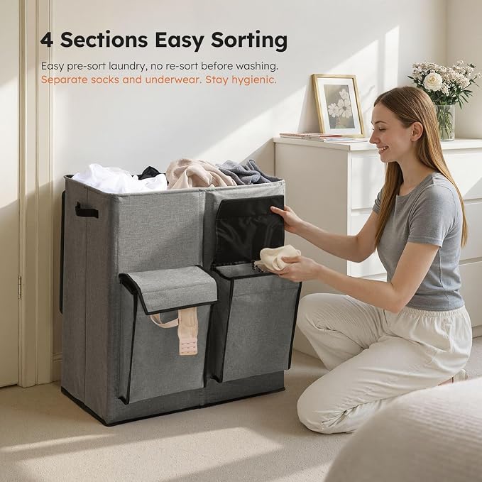 SOLEDI Double Laundry Hamper with Lid, 47.8 Gal (180L) Large Laundr Basket 2 Section with 2 Side Pockets, Dirty Clothes Hamper with Removable Bag, Easy to Carry for Laundry Room, Bedroom, Grey