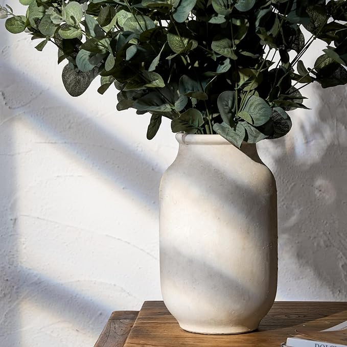 SIDUCAL Rustic Farmhouse Flower Vase | 9.5 Inch Large Ceramic Vase | Pampas Grass | Modern Farmhouse for Home Decor, Table, Living Room Decoration, Shelf Decor, Mantel, Fossil