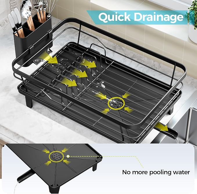 Urackify Dish Drying Rack for Kitchen Counter, Sink Dish Rack with Drainboard 12.2" W x 16.5" L, Large Dish Drainer with Cutlery Holder, Home Countertop Plate Dryer Storage Rack, Black