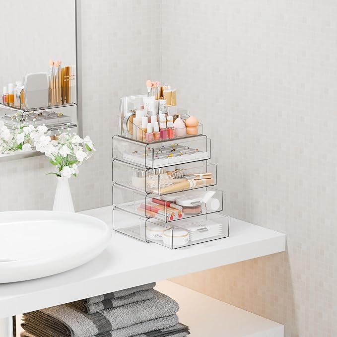 Yieach 5 Tier Clear Acrylic Makeup Organizers with Drawers,Tiered Countertop Make up Storage Organizer for Dresser Top and Bathroom Vanity,Plastic Makeup Stand for Brush,Skincare,Beauty Organizers