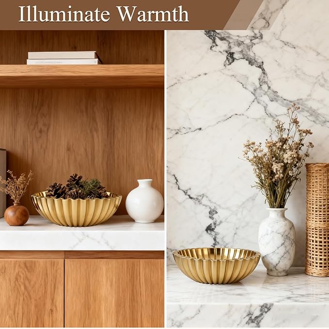 Large Modern Ruffle Bowls, Artificial Stone Decorative Catch All Bowl for Kitchen Counter and Entryway Table, Handcrafted Fruit Bowls and Key Bowl for Home Decor(Golden)