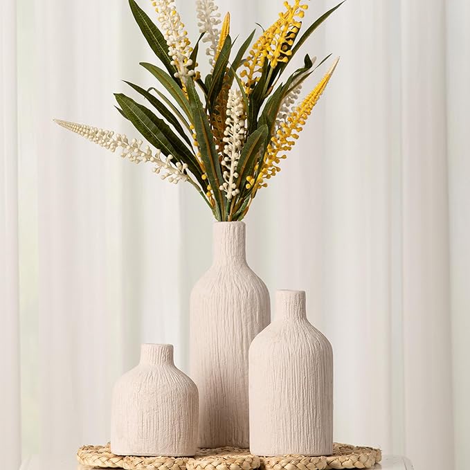 Ceramic Vase Home Table Decor - White Flower Vase Set of 3 Living Room Kitchen Decorations Farmhouse Modern Rustic Vases Decorative Centerpiece for Shelf Bedroom Office Bathroom Dining Coffee Desk