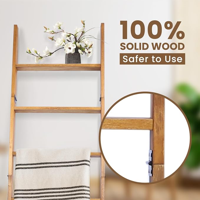 Blanket Ladder, 6-Tier Wooden Quilt Stand, Decorative Ladder Shelf, Leaning Shelf, Wall Leaning Blanket Ladder Towel Storage Rack for Living Room (Walnut)