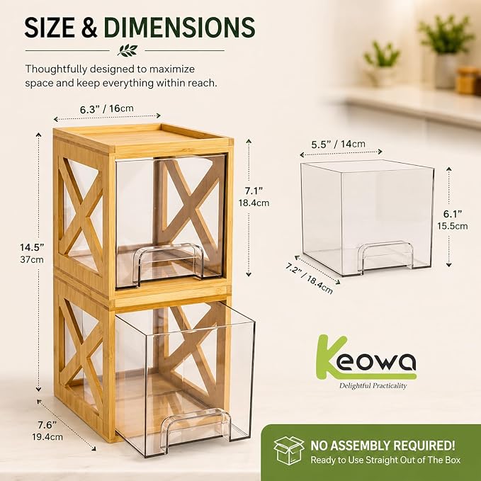 Stackable Bamboo Snack Drawer Organizer (2 Pack) – Pull-Out Storage Bins with Clear Acrylic Drawers – Pantry Storage for Snacks, Coffee Pods, Spices & K-Cups
