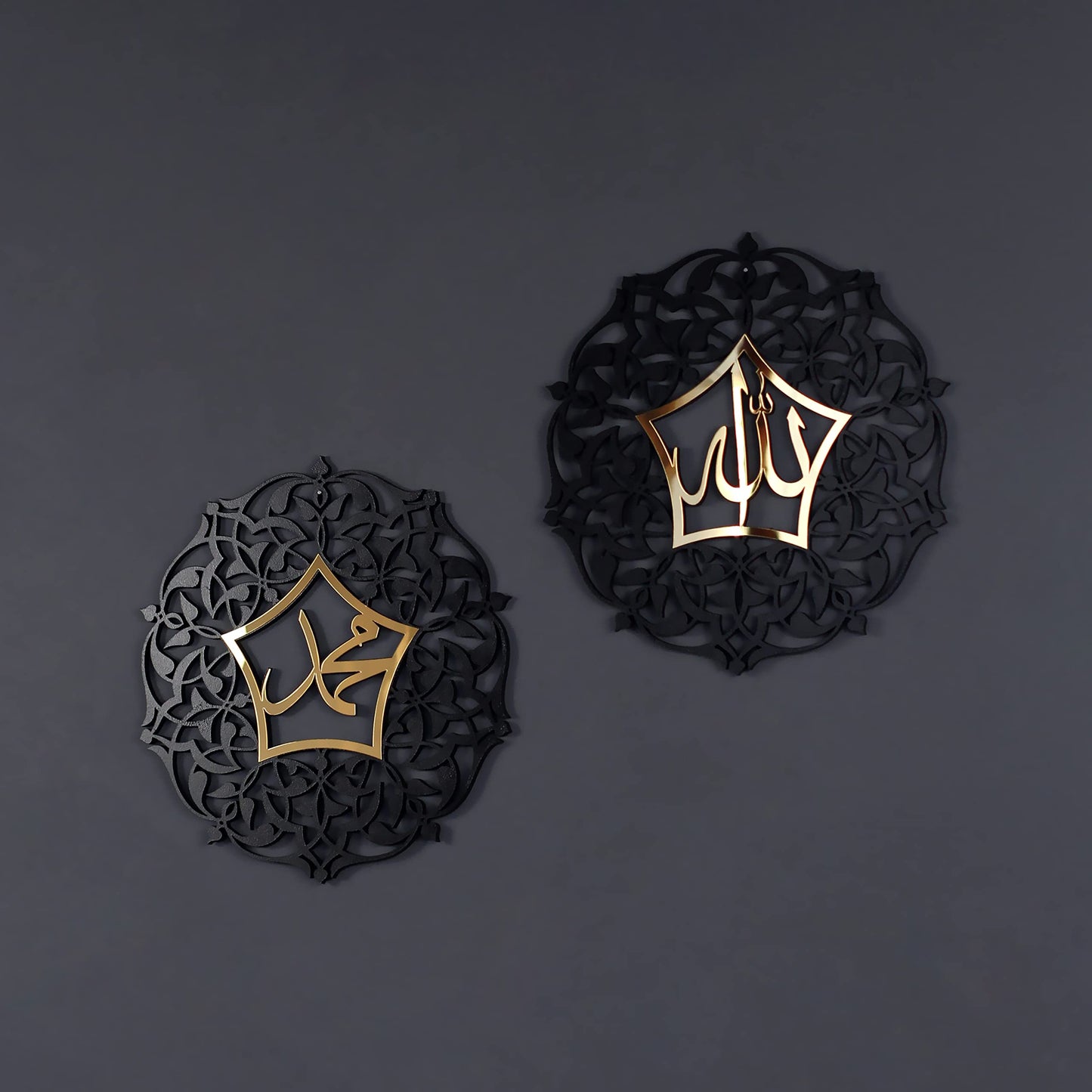 IWA CONCEPT Set of Allah (SWT) and Mohammad (PBUH) Acrylic/Wooden Islamic Wall Art | Ramadan Decoration | Islamic Home Decor | Muslim Gift | (12 x 12 inches | 30 x 30 cm, In Gold Out Black)