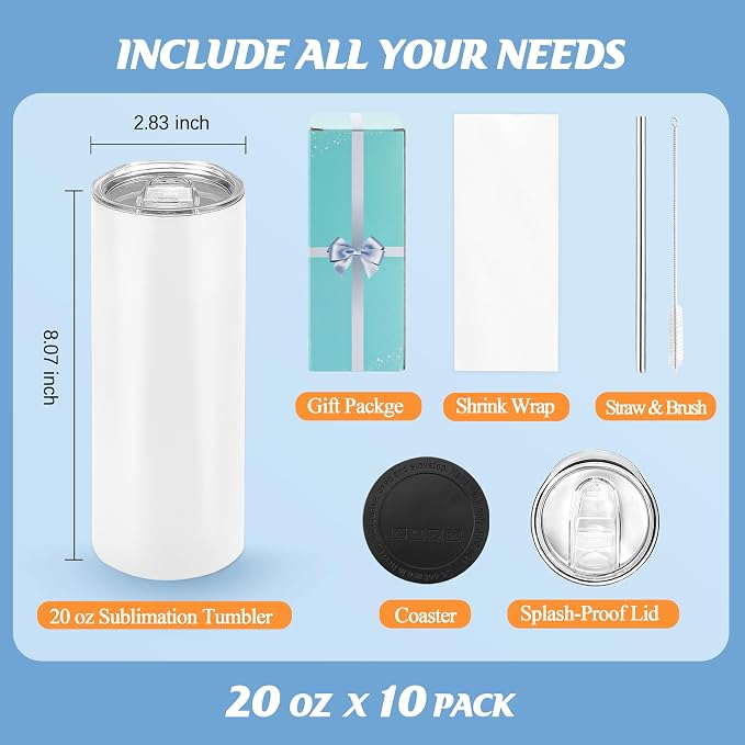 Joyclub Sublimation Tumblers 20 oz 10 Pack Flat Bottom Sublimation Blanks Bulk Stainless Steel Insulated Skinny Straight Cups with Lid and Straw, Gift Box