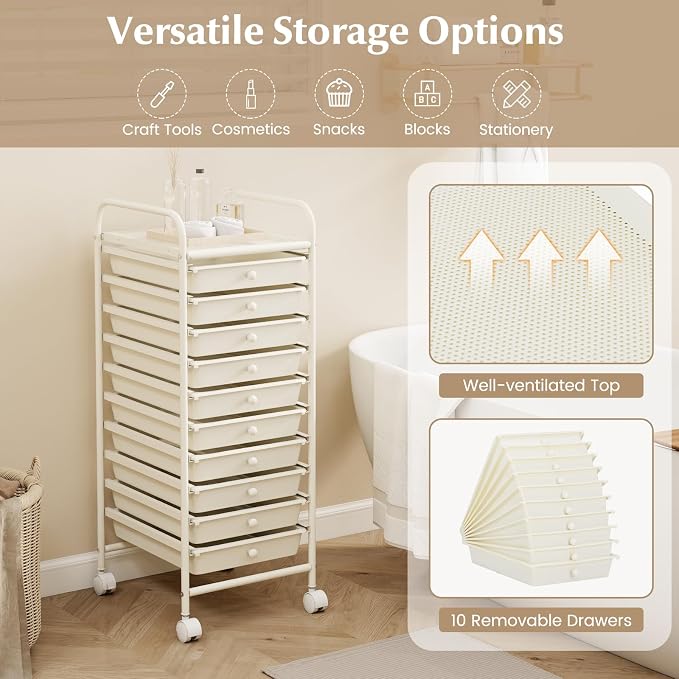 COSTWAY 10-Drawer Rolling Storage Cart, Utility Mobile Trolley with Removable Drawers & Universal Casters & 2 Brakes, Versatile Flexible Drawer Organizer Cart for Home, Office, White