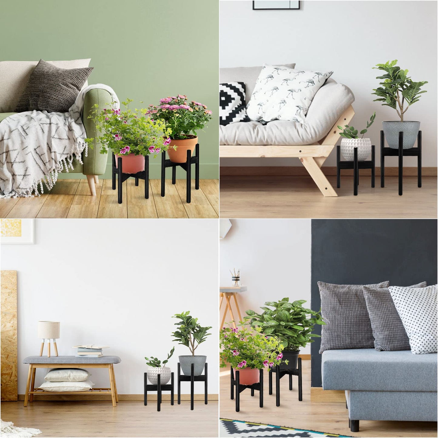 FJO 2Pcs Adjustable Plant Stand Indoor - Bamboo Plant Stands, Bamboo Mid Century Modern Plants Stands, Plant Holder for Living Room Fits 8 to 12 Inches Pots(Pot & Plant Not Included) (Black)