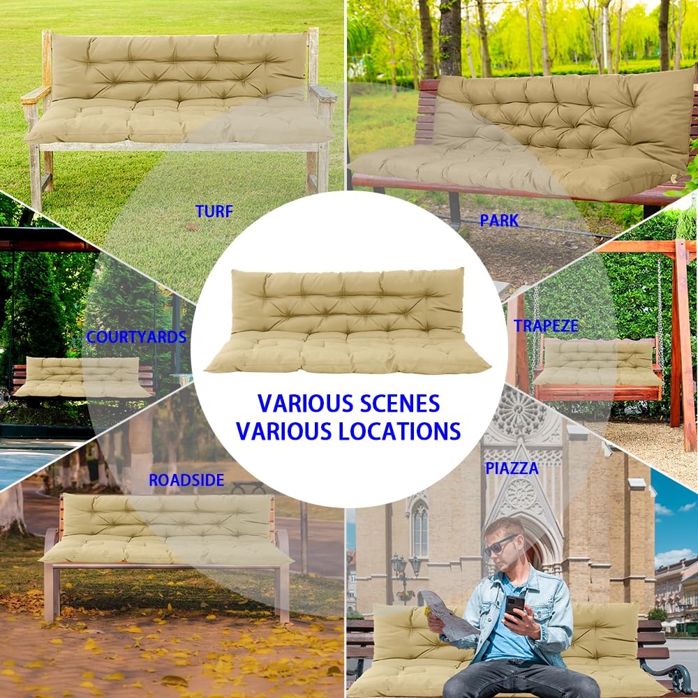 VKETU Porch Swing Cushions, Three Seat Swing Replacement Cushions Outdoor Bench Cushion with Ties Backrest Folding Waterproof Bench Cushion for Outdoor Patio Cushion (Beige, 60 x 40 in)