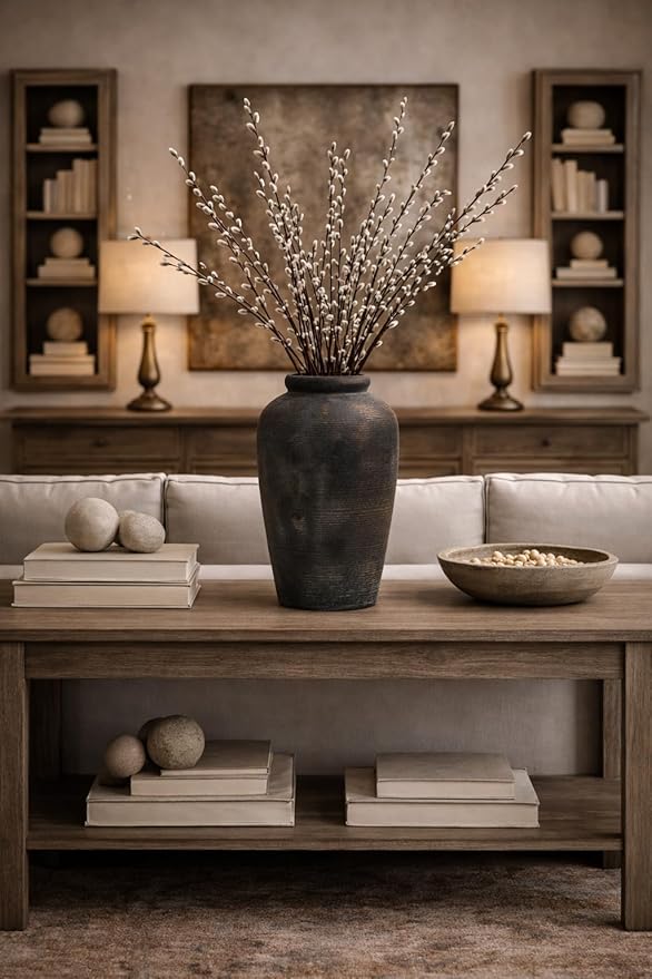 Vaseking Large Ceramic Rustic Vase, 11 inch Minimalist Decorative Farmhouse Tall Vase for Home Decor, Living Room, Shelf Decor, Enterway, Wedding, Table Decoration, Bronze