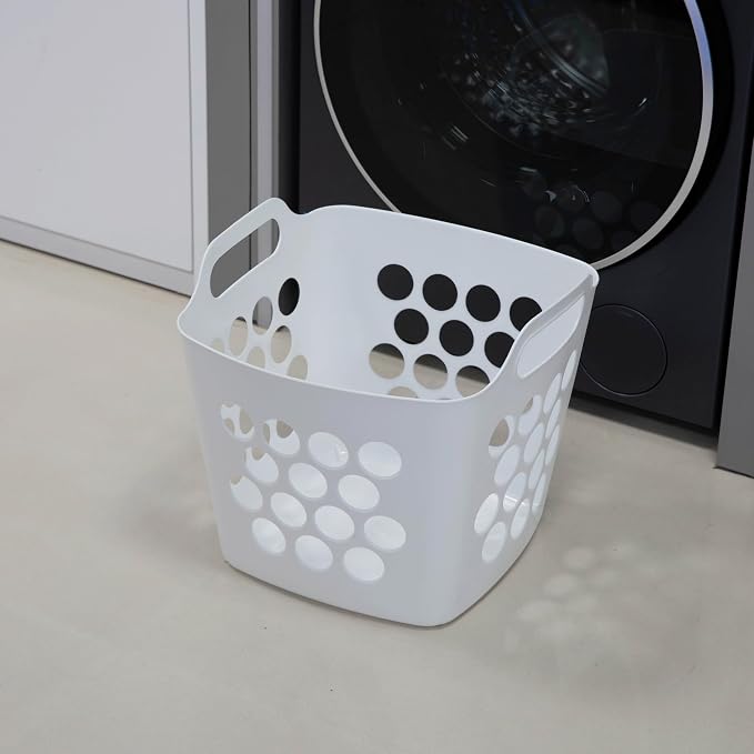 Flexible Plastic Laundry Basket - Square Storage Hamper with Side Handles for Easy Carrying - Versatile Organizer for Laundry, and Household Storage, 28 Litter White