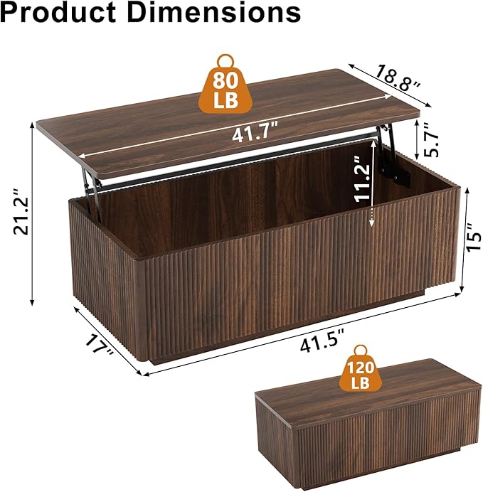 FABATO Mid Century Modern Coffee Table, Wooden Fluted Center Table with Large Hidden Compartment, 41.7” Rectangle with Round Corners, Lift Up Farmhouse Wood Table for Living Room, Home Office, Walnut